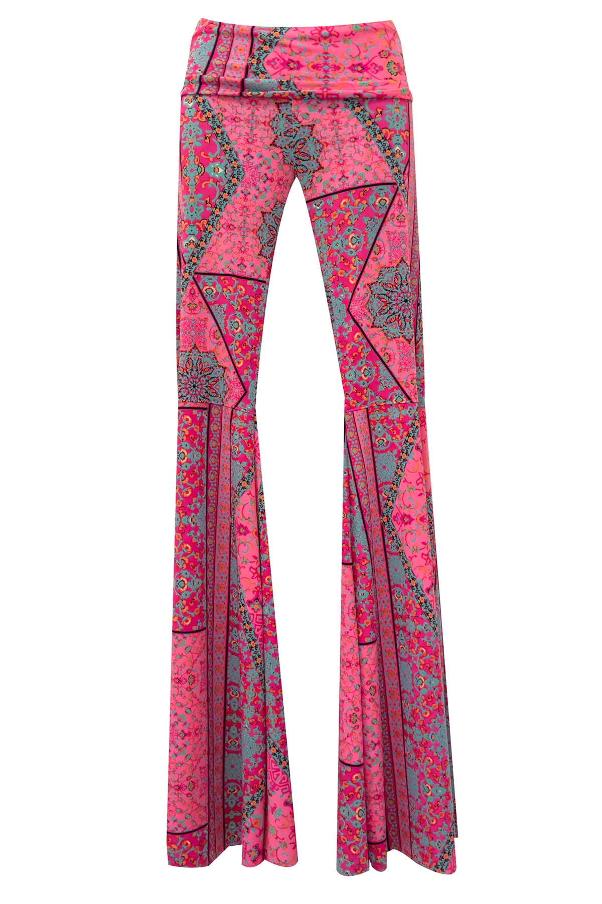 Flared pants with pink and blue boho pattern on a white background
