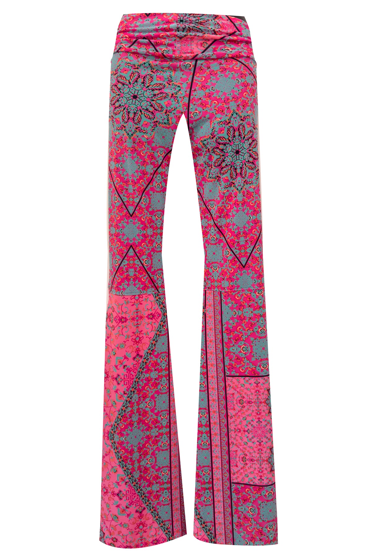 Flared pants with pink and blue boho geometric pattern on a white background