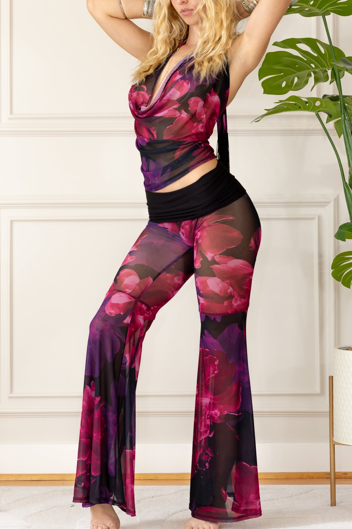 COWL TOP - NOCTURNAL BLOSSOM MESH